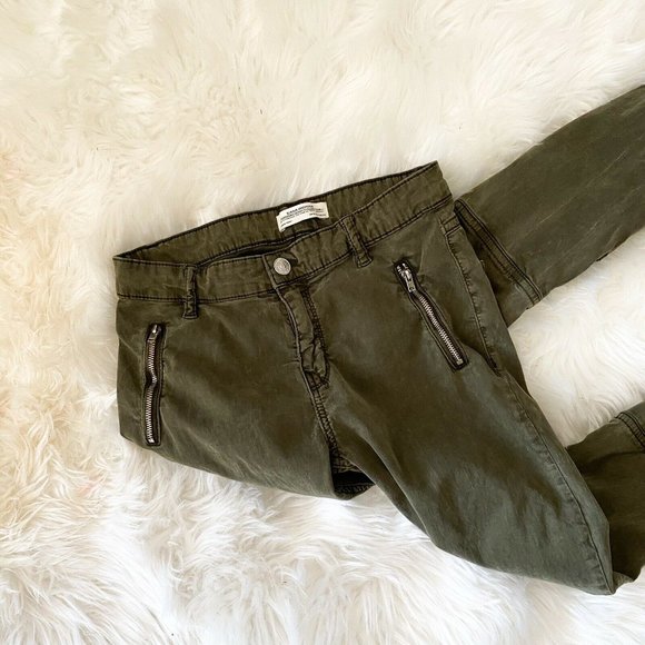 Zara  woman lyocel blend army green skinny pants - Picture 6 of 10